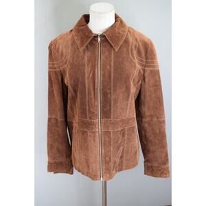Vtg Wilsons Women Brown Suede Leather Coat Jacket Large 90's Zip Contrast Penny